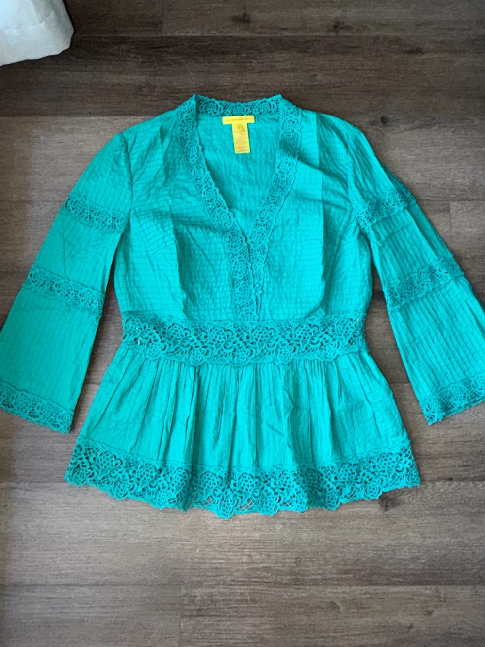 Catherine Malandrino Teal Lace-Trim Peplum Blouse